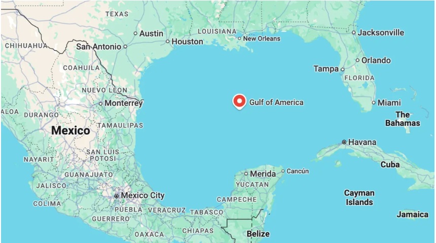 A Google map now showing the Gulf of America. Google